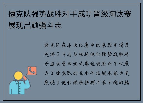 捷克队强势战胜对手成功晋级淘汰赛展现出顽强斗志