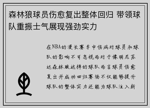 森林狼球员伤愈复出整体回归 带领球队重振士气展现强劲实力 森林狼球员伤愈复出整体回归 带领球队重振士气展现强劲实力