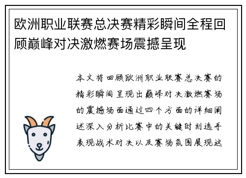 欧洲职业联赛总决赛精彩瞬间全程回顾巅峰对决激燃赛场震撼呈现 欧洲职业联赛总决赛精彩瞬间全程回顾巅峰对决激燃赛场震撼呈现