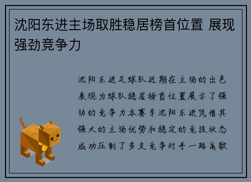 沈阳东进主场取胜稳居榜首位置 展现强劲竞争力