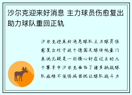 沙尔克迎来好消息 主力球员伤愈复出助力球队重回正轨 沙尔克迎来好消息 主力球员伤愈复出助力球队重回正轨