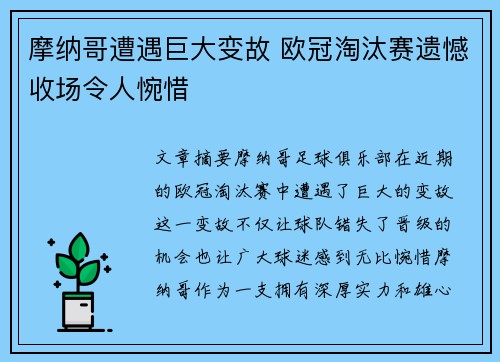 摩纳哥遭遇巨大变故 欧冠淘汰赛遗憾收场令人惋惜 摩纳哥遭遇巨大变故 欧冠淘汰赛遗憾收场令人惋惜